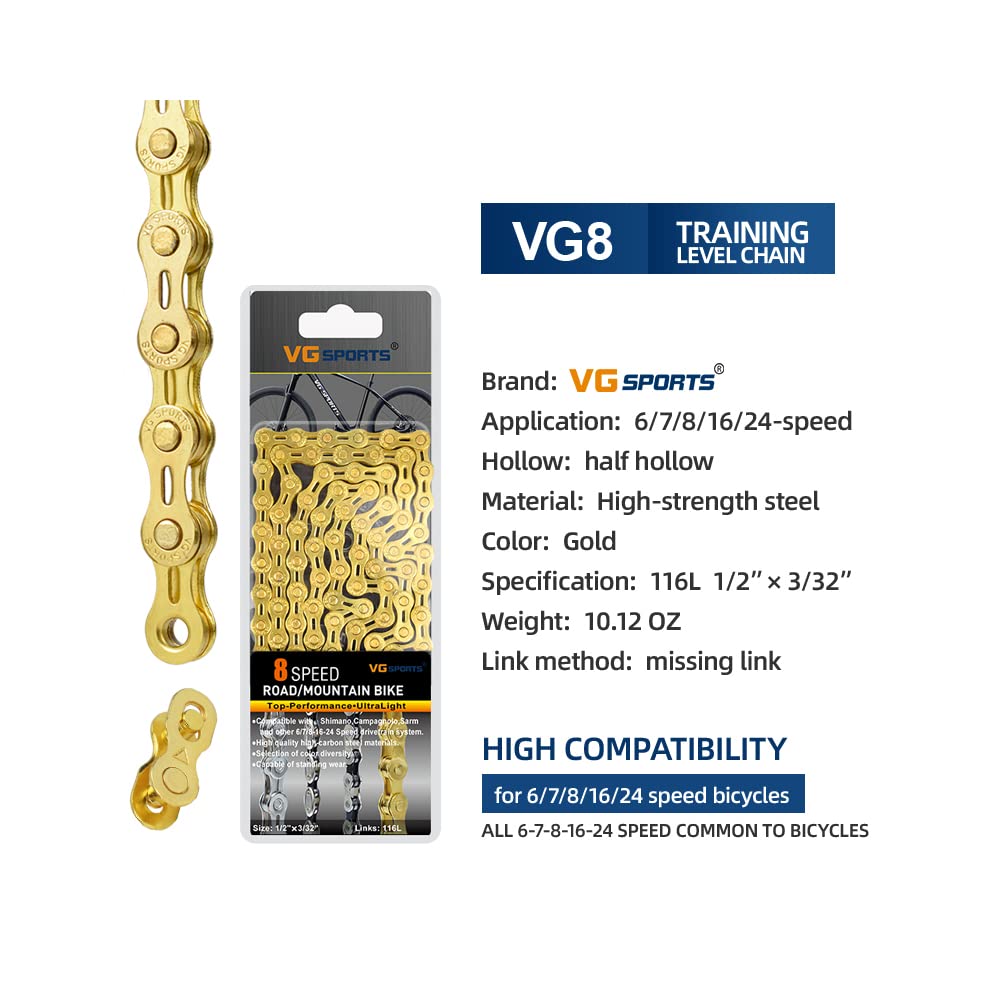 VG SPORTS 6/7/8/9/10/11 Speed Bike Chains,Half Hollow/Full Hollow Lightweight Bicycle Chains for Road Bike/MTB/BMX,Silver/Gold/Titanium/Rainbow 116 Links with Missing Link - Image 6